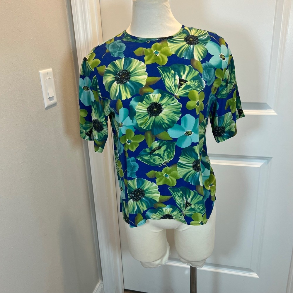 Robbie Bee‎ Womens Blouse 100% Silk Floral Print Blue Green Size M